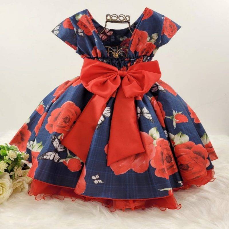 costas-do-vestido-infantil-manga-curta-azul-marinho-rosas-vermelhas-dl3056