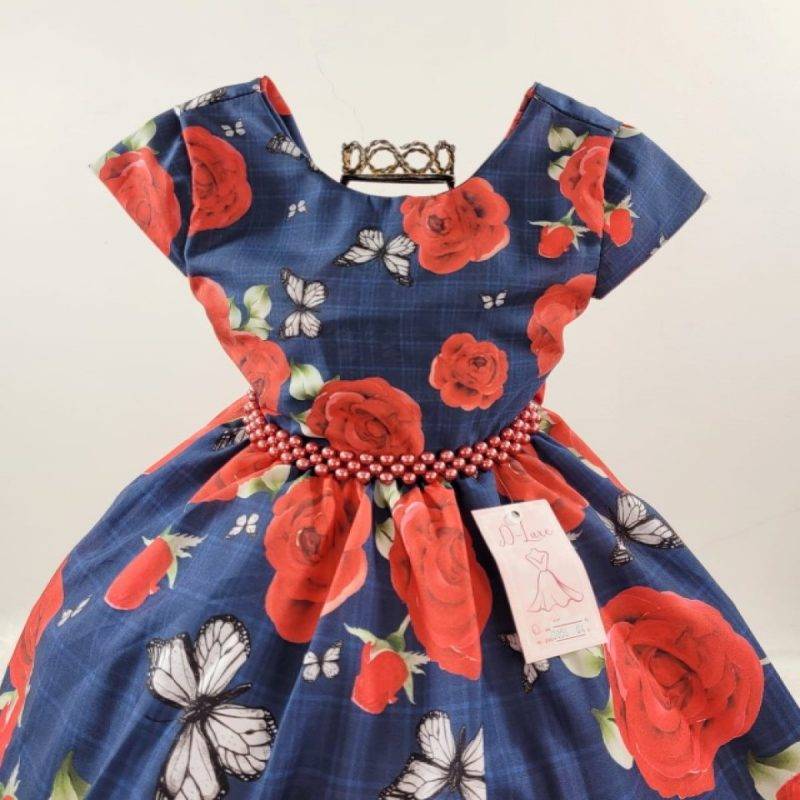 peito-do-vestido-infantil-manga-curta-azul-marinho-rosas-vermelhas-dl3056